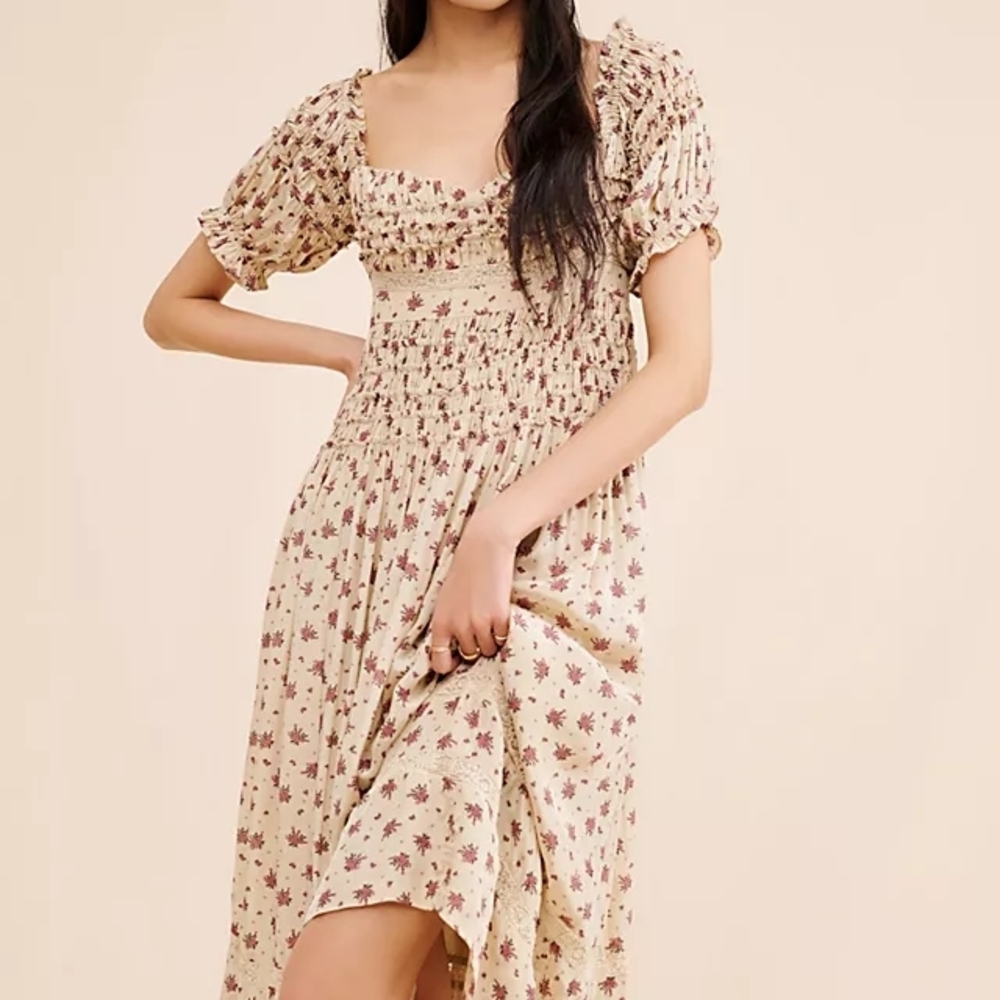 Free People Cream Floral Midi Dress with Red Floral Print